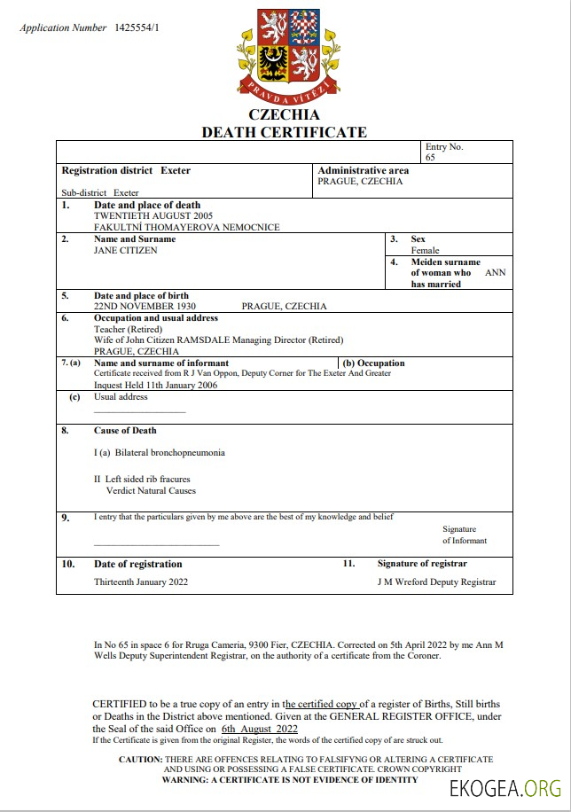 Modèle Word et PDF d'acte de décès en Tchéquie